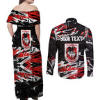 Personalized St. George Illawarra Dragons Couples Matching Off Shoulder Maxi Dress and Long Sleeve Button Shirt Graffiti Grunge Abstract Urban Street Style Design