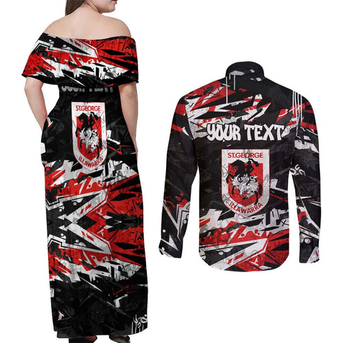 Personalized St. George Illawarra Dragons Couples Matching Off Shoulder Maxi Dress and Long Sleeve Button Shirt Graffiti Grunge Abstract Urban Street Style Design