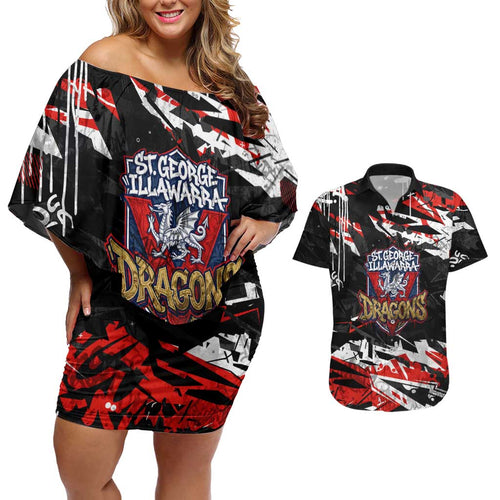 Personalized St. George Illawarra Dragons Couples Matching Off Shoulder Short Dress and Hawaiian Shirt Graffiti Grunge Abstract Urban Street Style Design