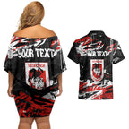 Personalized St. George Illawarra Dragons Couples Matching Off Shoulder Short Dress and Hawaiian Shirt Graffiti Grunge Abstract Urban Street Style Design