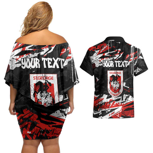 Personalized St. George Illawarra Dragons Couples Matching Off Shoulder Short Dress and Hawaiian Shirt Graffiti Grunge Abstract Urban Street Style Design