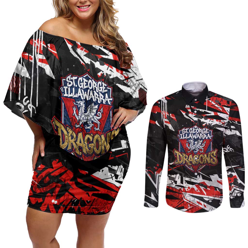 Personalized St. George Illawarra Dragons Couples Matching Off Shoulder Short Dress and Long Sleeve Button Shirt Graffiti Grunge Abstract Urban Street Style Design