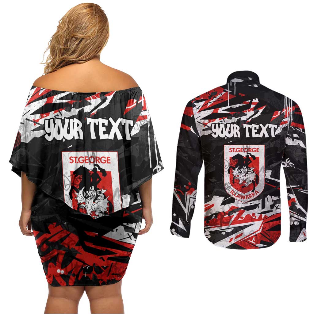 Personalized St. George Illawarra Dragons Couples Matching Off Shoulder Short Dress and Long Sleeve Button Shirt Graffiti Grunge Abstract Urban Street Style Design