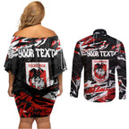 Personalized St. George Illawarra Dragons Couples Matching Off Shoulder Short Dress and Long Sleeve Button Shirt Graffiti Grunge Abstract Urban Street Style Design
