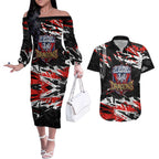 Personalized St. George Illawarra Dragons Couples Matching Off The Shoulder Long Sleeve Dress and Hawaiian Shirt Graffiti Grunge Abstract Urban Street Style Design