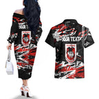 Personalized St. George Illawarra Dragons Couples Matching Off The Shoulder Long Sleeve Dress and Hawaiian Shirt Graffiti Grunge Abstract Urban Street Style Design