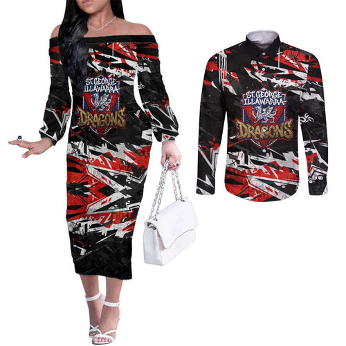 Personalized St. George Illawarra Dragons Couples Matching Off The Shoulder Long Sleeve Dress and Long Sleeve Button Shirt Graffiti Grunge Abstract Urban Street Style Design