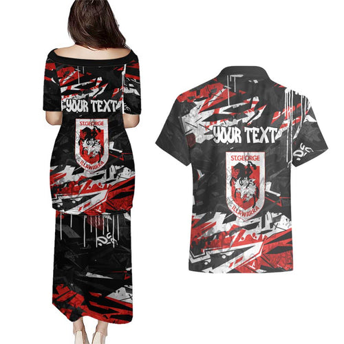Personalized St. George Illawarra Dragons Couples Matching Puletasi and Hawaiian Shirt Graffiti Grunge Abstract Urban Street Style Design