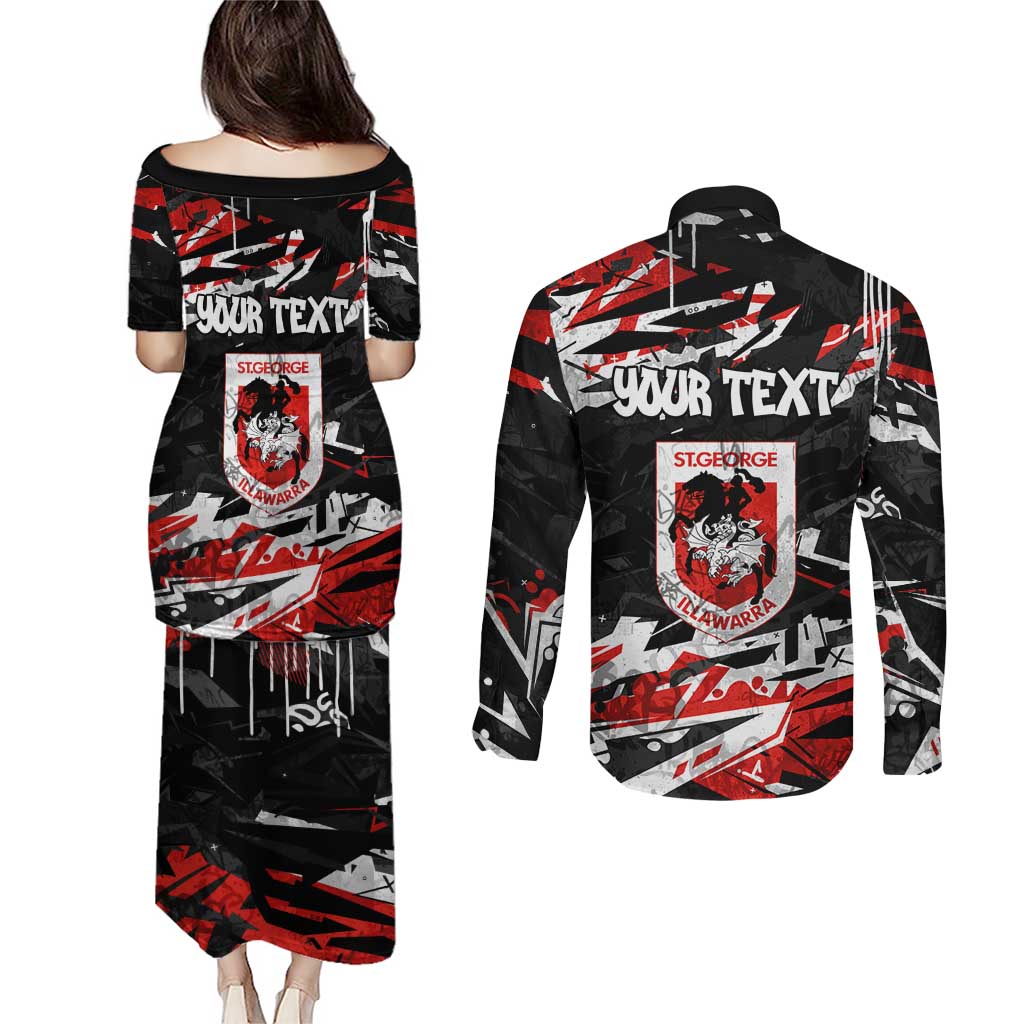 Personalized St. George Illawarra Dragons Couples Matching Puletasi and Long Sleeve Button Shirt Graffiti Grunge Abstract Urban Street Style Design