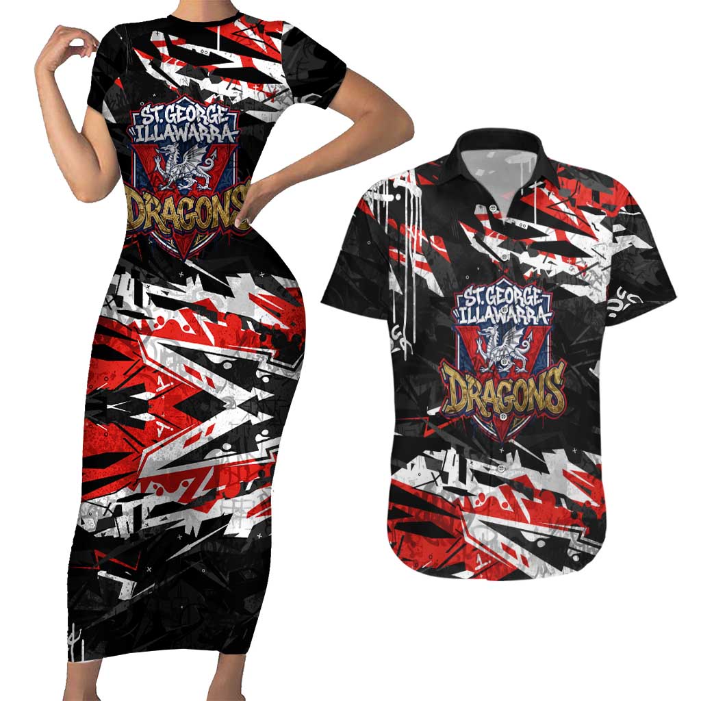Personalized St. George Illawarra Dragons Couples Matching Short Sleeve Bodycon Dress and Hawaiian Shirt Graffiti Grunge Abstract Urban Street Style Design