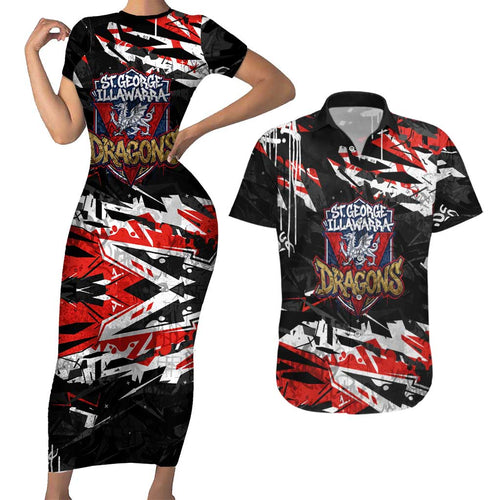 Personalized St. George Illawarra Dragons Couples Matching Short Sleeve Bodycon Dress and Hawaiian Shirt Graffiti Grunge Abstract Urban Street Style Design