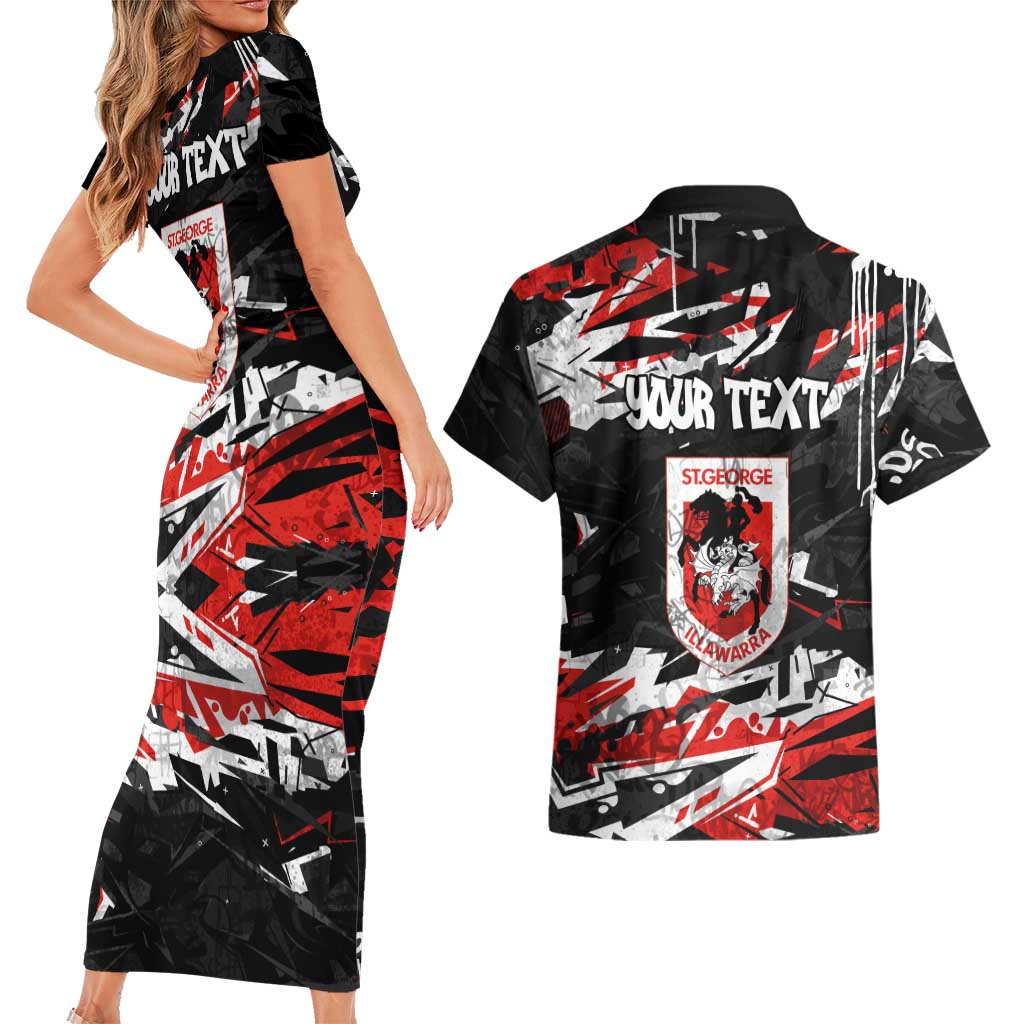 Personalized St. George Illawarra Dragons Couples Matching Short Sleeve Bodycon Dress and Hawaiian Shirt Graffiti Grunge Abstract Urban Street Style Design