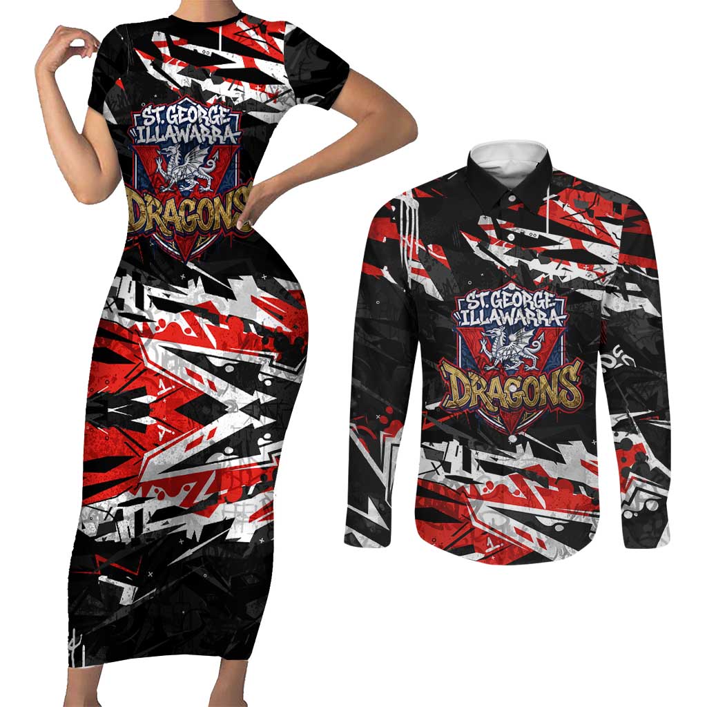 Personalized St. George Illawarra Dragons Couples Matching Short Sleeve Bodycon Dress and Long Sleeve Button Shirt Graffiti Grunge Abstract Urban Street Style Design