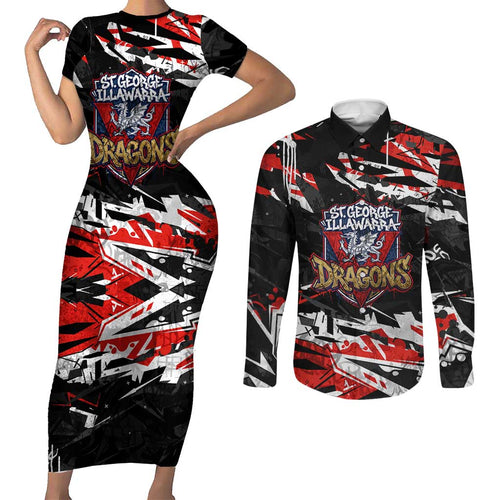 Personalized St. George Illawarra Dragons Couples Matching Short Sleeve Bodycon Dress and Long Sleeve Button Shirt Graffiti Grunge Abstract Urban Street Style Design