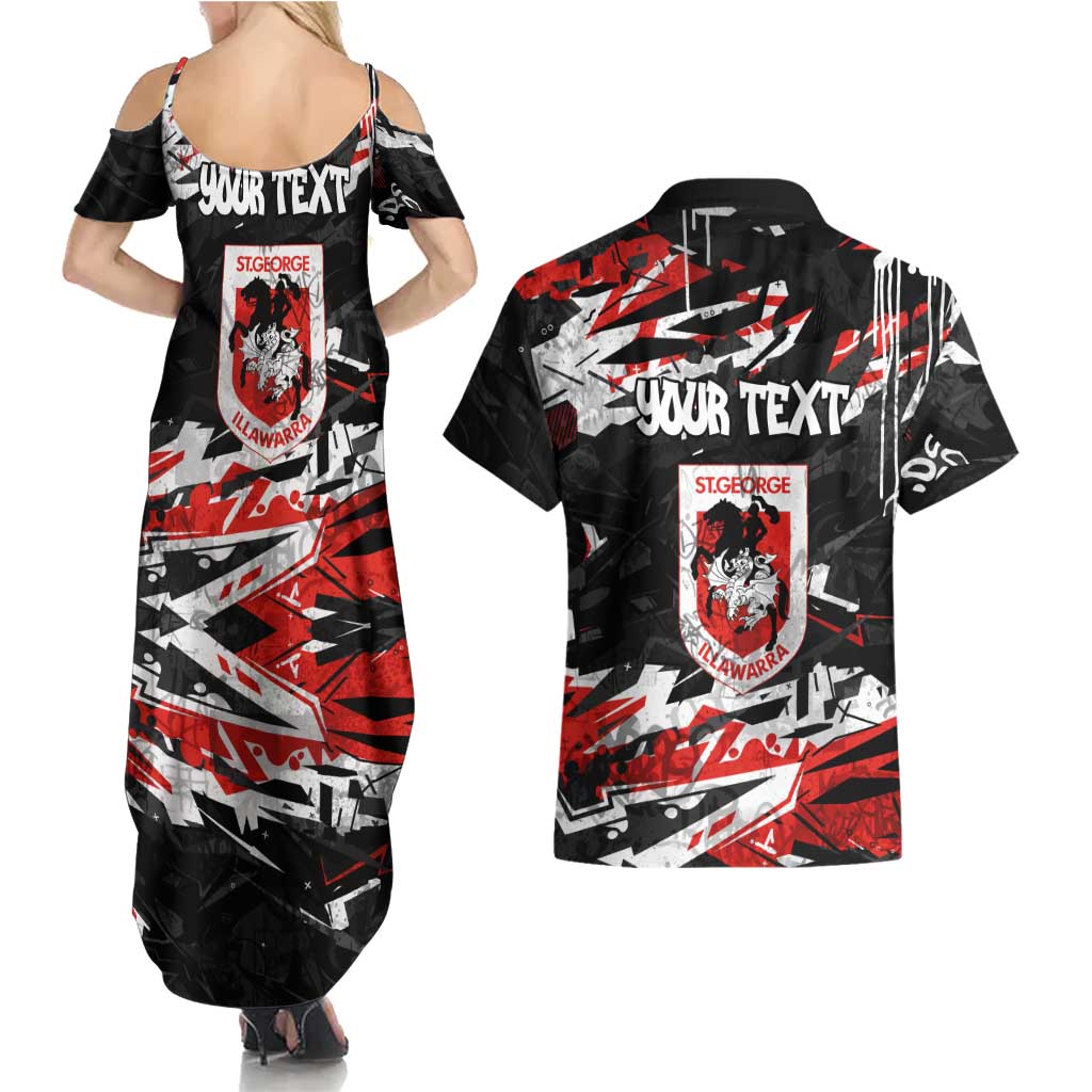 Personalized St. George Illawarra Dragons Couples Matching Summer Maxi Dress and Hawaiian Shirt Graffiti Grunge Abstract Urban Street Style Design