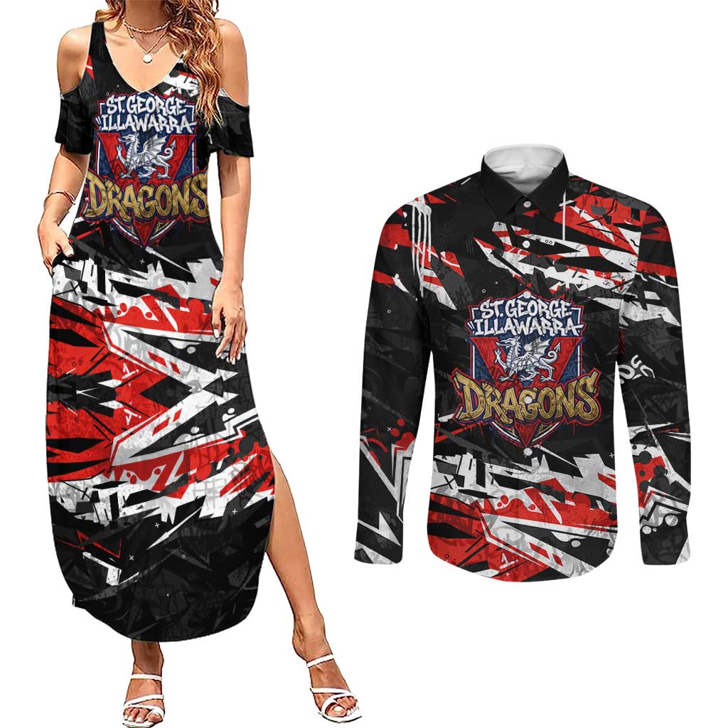 Personalized St. George Illawarra Dragons Couples Matching Summer Maxi Dress and Long Sleeve Button Shirt Graffiti Grunge Abstract Urban Street Style Design