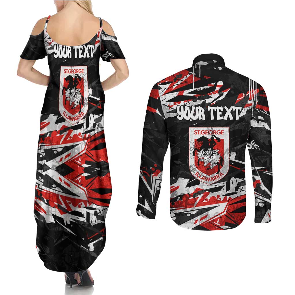 Personalized St. George Illawarra Dragons Couples Matching Summer Maxi Dress and Long Sleeve Button Shirt Graffiti Grunge Abstract Urban Street Style Design