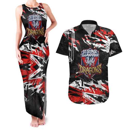 Personalized St. George Illawarra Dragons Couples Matching Tank Maxi Dress and Hawaiian Shirt Graffiti Grunge Abstract Urban Street Style Design