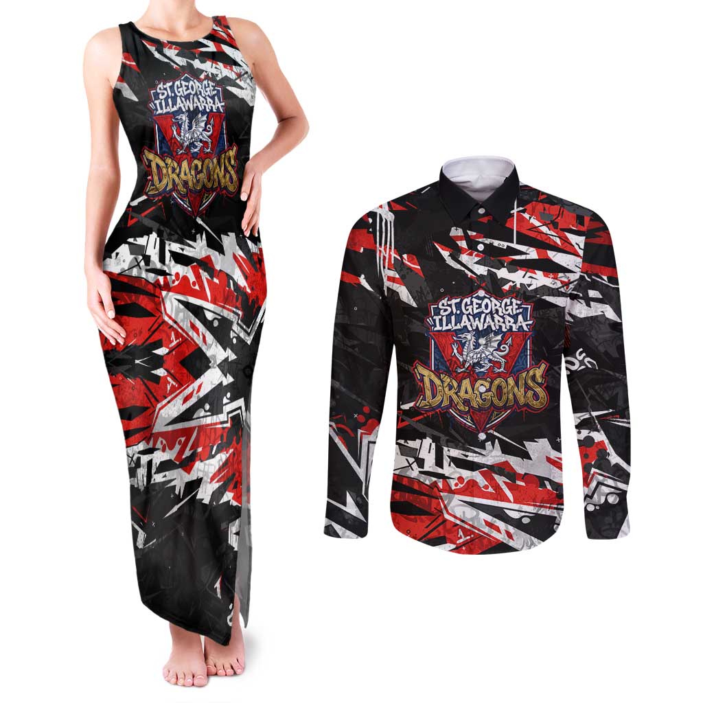 Personalized St. George Illawarra Dragons Couples Matching Tank Maxi Dress and Long Sleeve Button Shirt Graffiti Grunge Abstract Urban Street Style Design