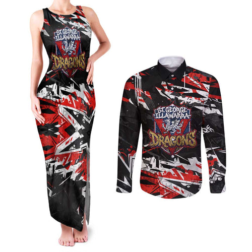 Personalized St. George Illawarra Dragons Couples Matching Tank Maxi Dress and Long Sleeve Button Shirt Graffiti Grunge Abstract Urban Street Style Design
