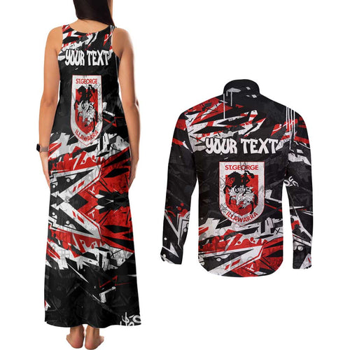 Personalized St. George Illawarra Dragons Couples Matching Tank Maxi Dress and Long Sleeve Button Shirt Graffiti Grunge Abstract Urban Street Style Design