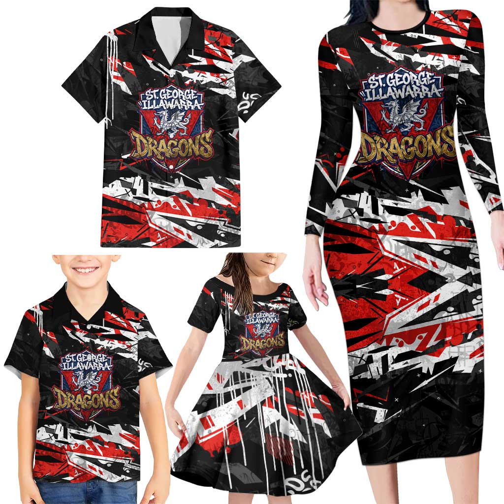 Personalized St. George Illawarra Dragons Family Matching Long Sleeve Bodycon Dress and Hawaiian Shirt Graffiti Grunge Abstract Urban Street Style Design