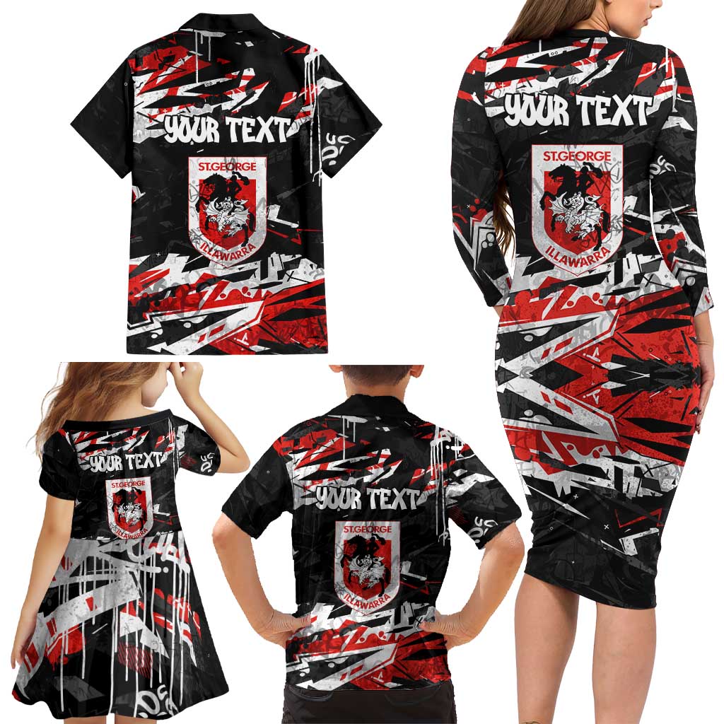 Personalized St. George Illawarra Dragons Family Matching Long Sleeve Bodycon Dress and Hawaiian Shirt Graffiti Grunge Abstract Urban Street Style Design