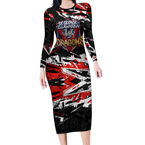 Personalized St. George Illawarra Dragons Family Matching Long Sleeve Bodycon Dress and Hawaiian Shirt Graffiti Grunge Abstract Urban Street Style Design