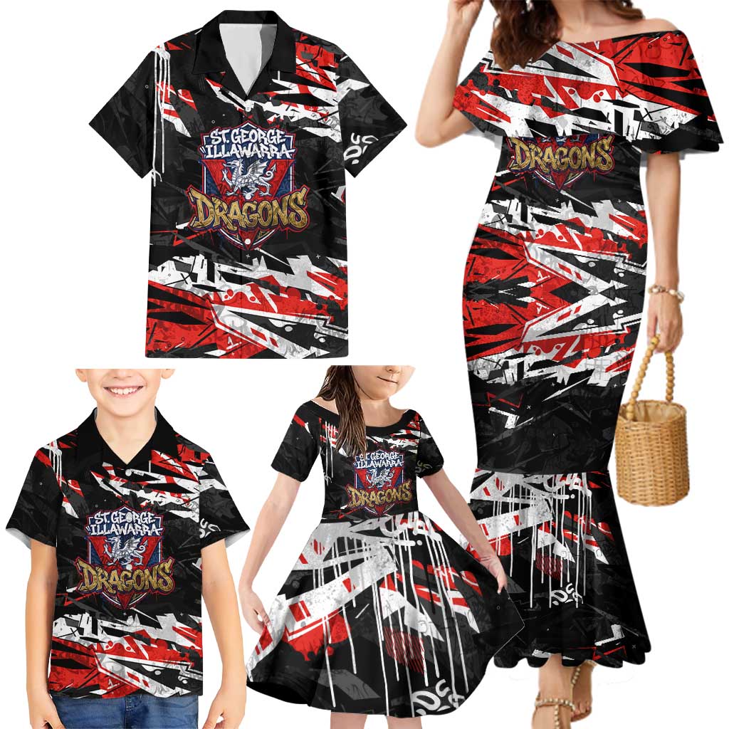 Personalized St. George Illawarra Dragons Family Matching Mermaid Dress and Hawaiian Shirt Graffiti Grunge Abstract Urban Street Style Design