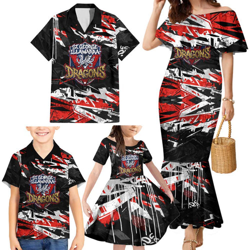 Personalized St. George Illawarra Dragons Family Matching Mermaid Dress and Hawaiian Shirt Graffiti Grunge Abstract Urban Street Style Design