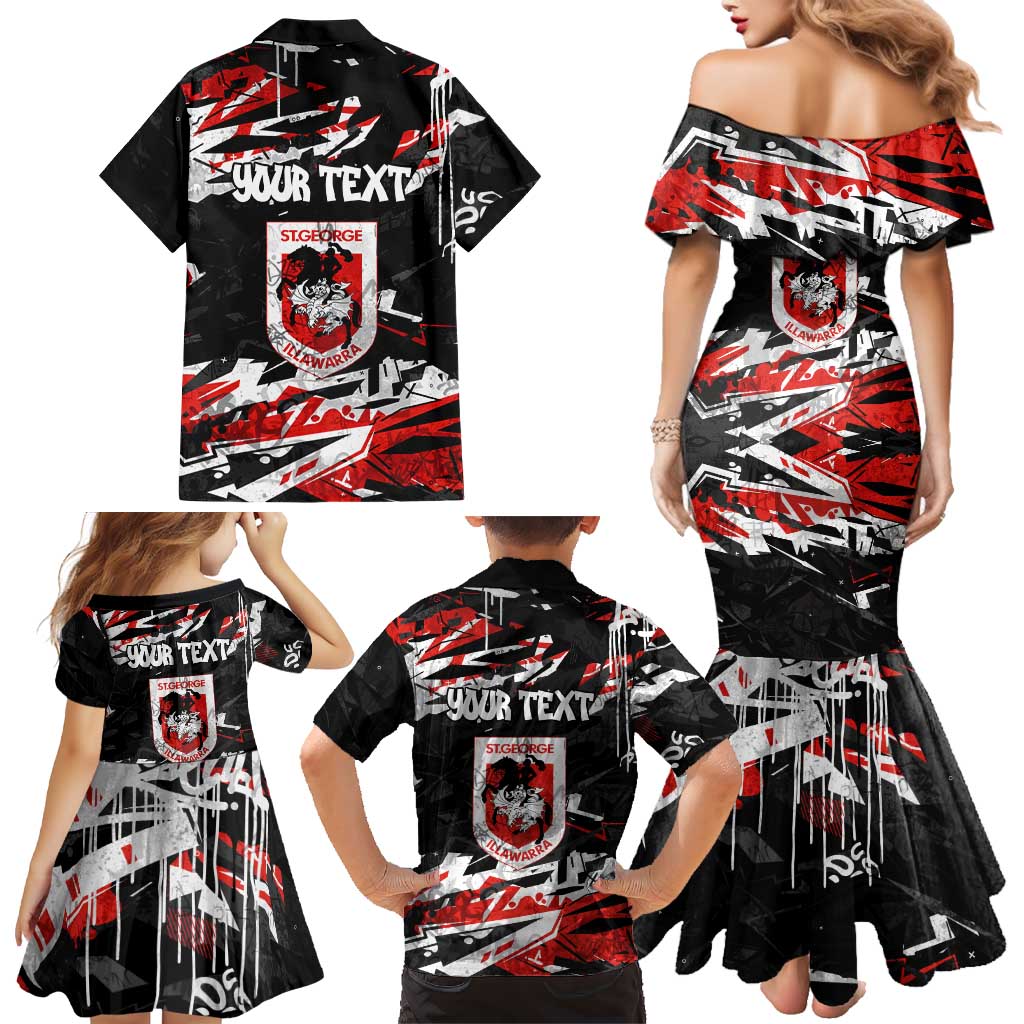 Personalized St. George Illawarra Dragons Family Matching Mermaid Dress and Hawaiian Shirt Graffiti Grunge Abstract Urban Street Style Design