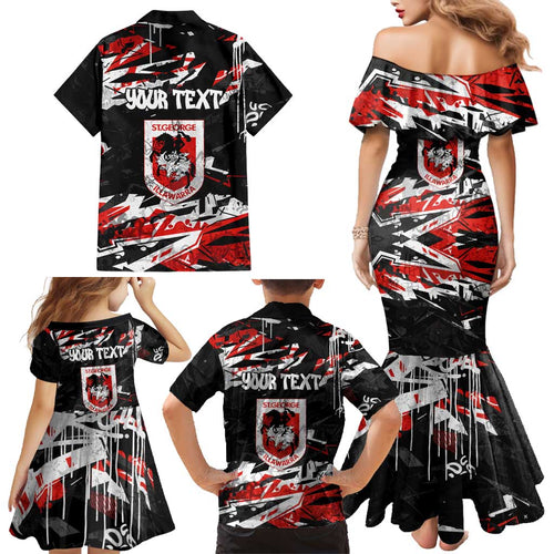 Personalized St. George Illawarra Dragons Family Matching Mermaid Dress and Hawaiian Shirt Graffiti Grunge Abstract Urban Street Style Design