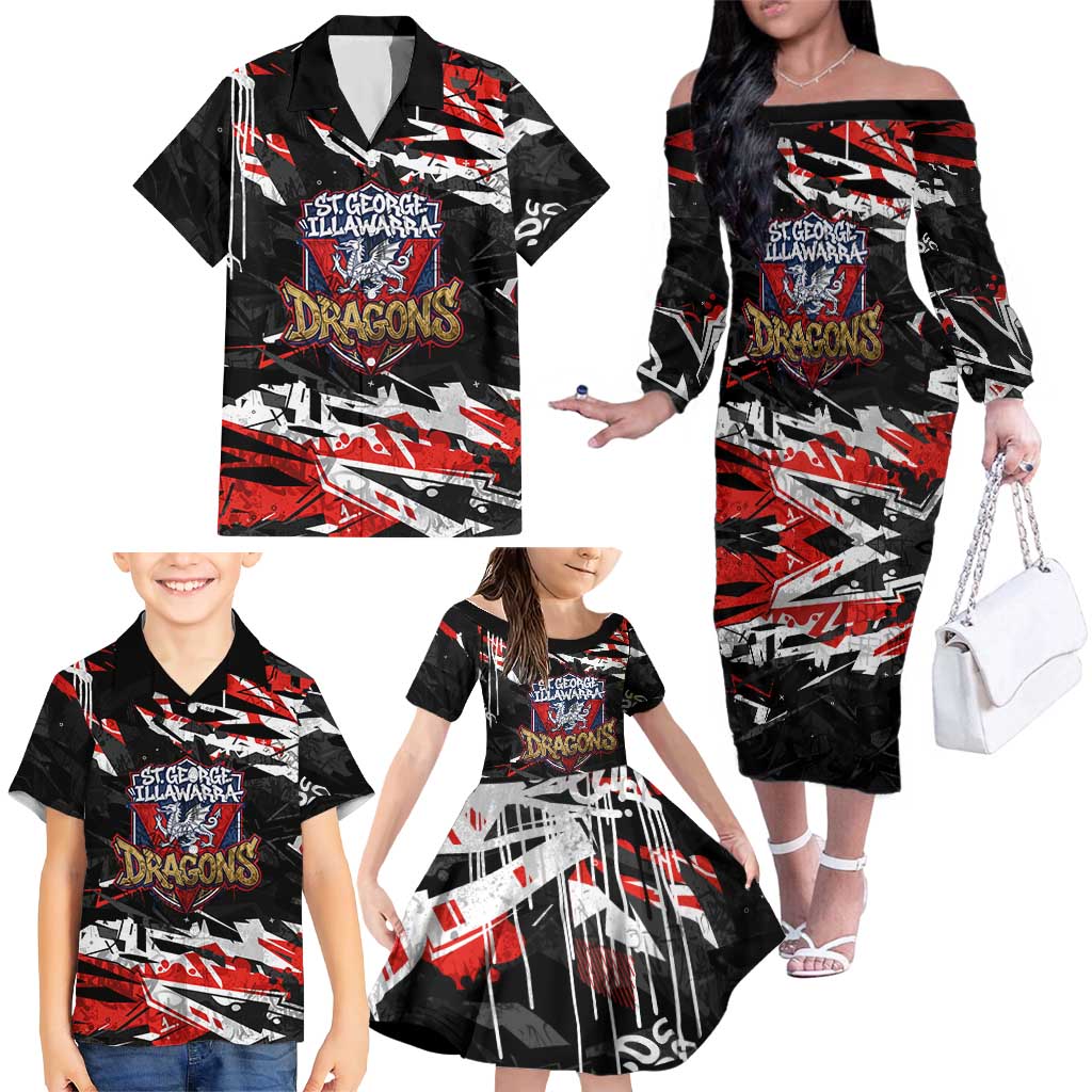 Personalized St. George Illawarra Dragons Family Matching Off The Shoulder Long Sleeve Dress and Hawaiian Shirt Graffiti Grunge Abstract Urban Street Style Design