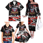 Personalized St. George Illawarra Dragons Family Matching Off The Shoulder Long Sleeve Dress and Hawaiian Shirt Graffiti Grunge Abstract Urban Street Style Design