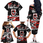 Personalized St. George Illawarra Dragons Family Matching Off The Shoulder Long Sleeve Dress and Hawaiian Shirt Graffiti Grunge Abstract Urban Street Style Design