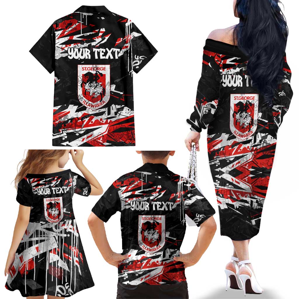 Personalized St. George Illawarra Dragons Family Matching Off The Shoulder Long Sleeve Dress and Hawaiian Shirt Graffiti Grunge Abstract Urban Street Style Design