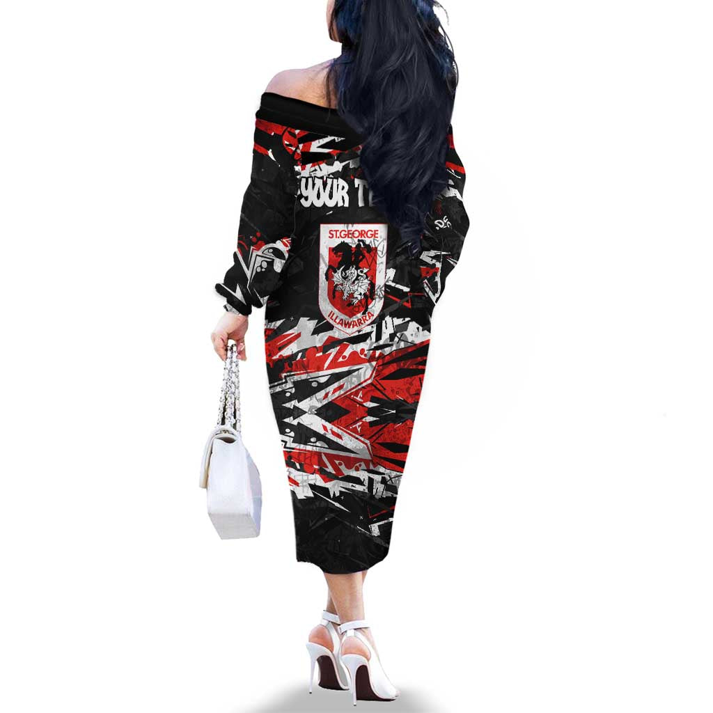 Personalized St. George Illawarra Dragons Family Matching Off The Shoulder Long Sleeve Dress and Hawaiian Shirt Graffiti Grunge Abstract Urban Street Style Design