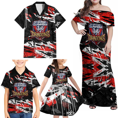 Personalized St. George Illawarra Dragons Family Matching Off Shoulder Maxi Dress and Hawaiian Shirt Graffiti Grunge Abstract Urban Street Style Design