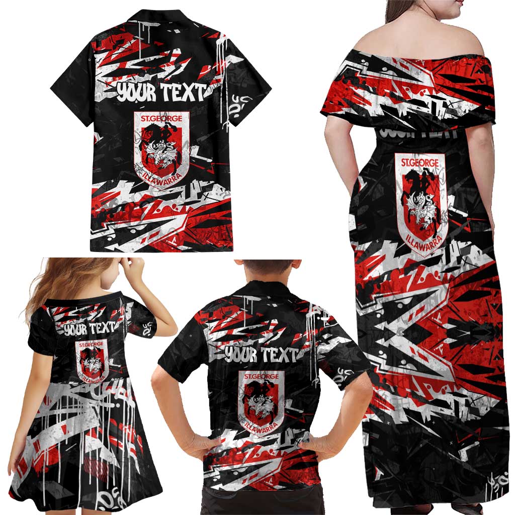 Personalized St. George Illawarra Dragons Family Matching Off Shoulder Maxi Dress and Hawaiian Shirt Graffiti Grunge Abstract Urban Street Style Design