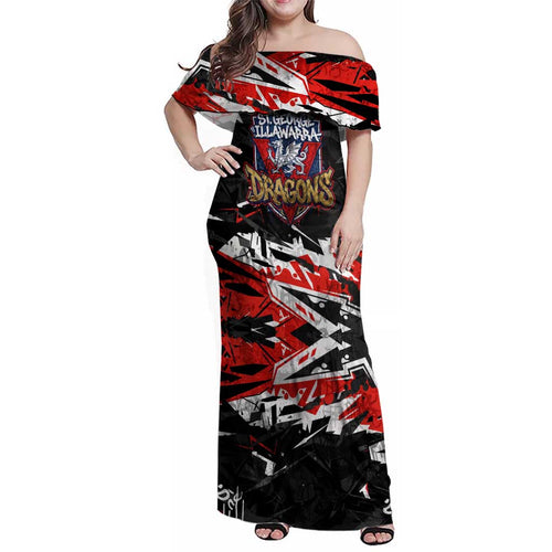 Personalized St. George Illawarra Dragons Family Matching Off Shoulder Maxi Dress and Hawaiian Shirt Graffiti Grunge Abstract Urban Street Style Design