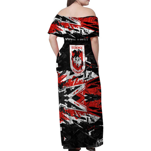 Personalized St. George Illawarra Dragons Family Matching Off Shoulder Maxi Dress and Hawaiian Shirt Graffiti Grunge Abstract Urban Street Style Design