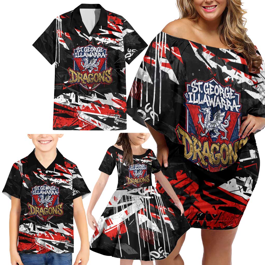 Personalized St. George Illawarra Dragons Family Matching Off Shoulder Short Dress and Hawaiian Shirt Graffiti Grunge Abstract Urban Street Style Design