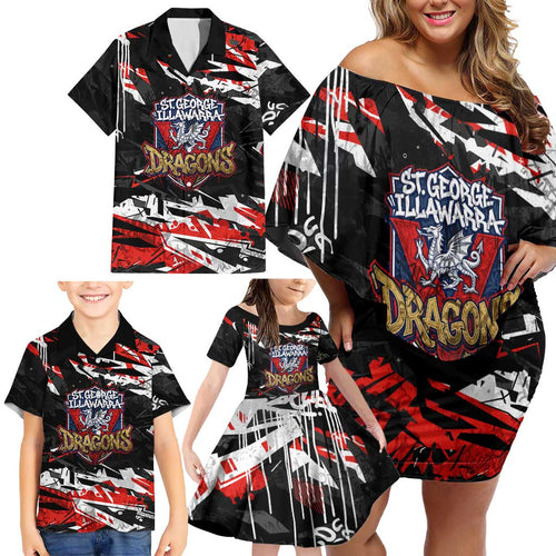 Personalized St. George Illawarra Dragons Family Matching Off Shoulder Short Dress and Hawaiian Shirt Graffiti Grunge Abstract Urban Street Style Design