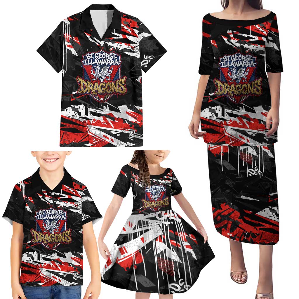 Personalized St. George Illawarra Dragons Family Matching Puletasi and Hawaiian Shirt Graffiti Grunge Abstract Urban Street Style Design