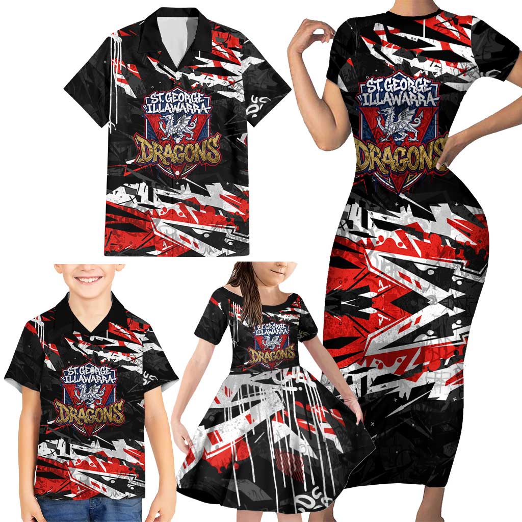 Personalized St. George Illawarra Dragons Family Matching Short Sleeve Bodycon Dress and Hawaiian Shirt Graffiti Grunge Abstract Urban Street Style Design