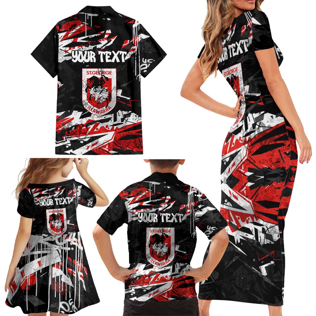 Personalized St. George Illawarra Dragons Family Matching Short Sleeve Bodycon Dress and Hawaiian Shirt Graffiti Grunge Abstract Urban Street Style Design