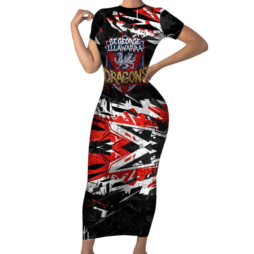 Personalized St. George Illawarra Dragons Family Matching Short Sleeve Bodycon Dress and Hawaiian Shirt Graffiti Grunge Abstract Urban Street Style Design