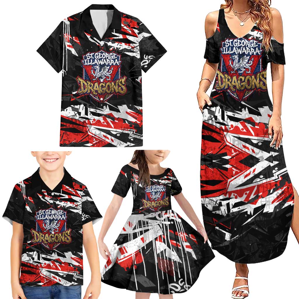 Personalized St. George Illawarra Dragons Family Matching Summer Maxi Dress and Hawaiian Shirt Graffiti Grunge Abstract Urban Street Style Design