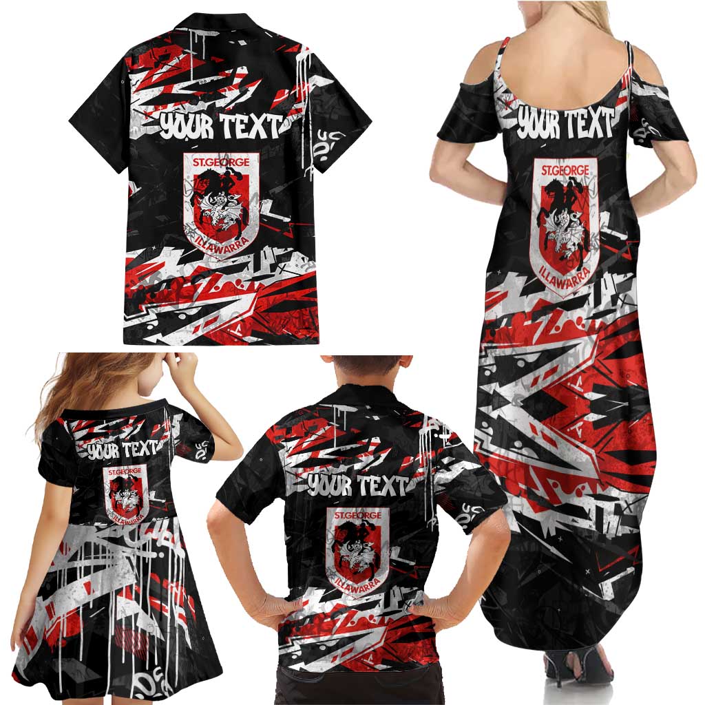 Personalized St. George Illawarra Dragons Family Matching Summer Maxi Dress and Hawaiian Shirt Graffiti Grunge Abstract Urban Street Style Design