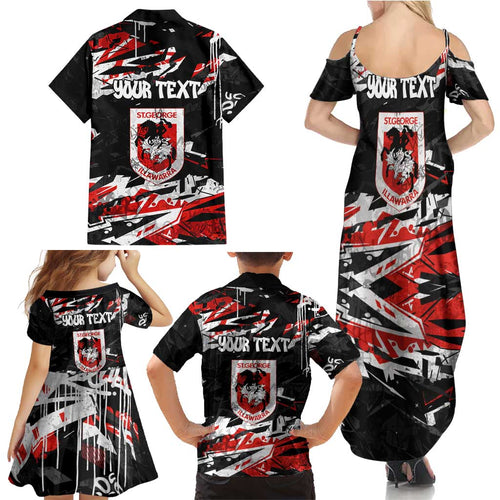 Personalized St. George Illawarra Dragons Family Matching Summer Maxi Dress and Hawaiian Shirt Graffiti Grunge Abstract Urban Street Style Design
